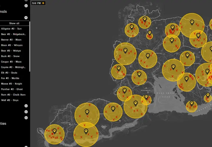 Mapa RDR2 z zaznaczonymi obszarami występowania legendarnych zwierząt.