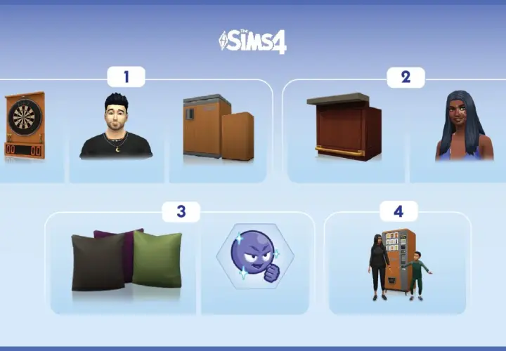 Grafika z The Sims 4 pokazuje przedmioty, które można odblokować: rzutki, bar, poduszki i automat.