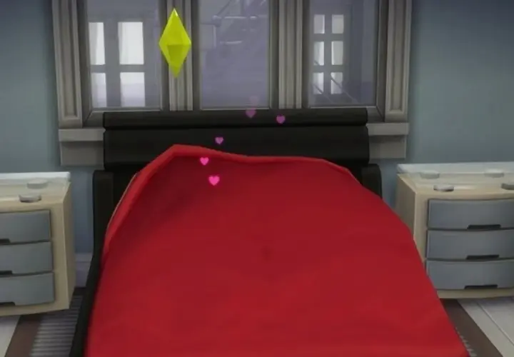 Łóżko w Sims 4 z różowymi serduszkami unoszącymi się nad czerwoną kołdrą, sugerujące romantyczne chwile dzięki modowi sims 4 woohoo mod.