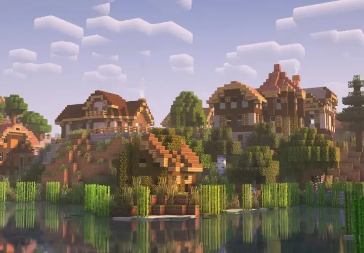 Wioska nad wodą, z domkami z drewna i kamienia, otoczona zielenią. Complementary reimagined shaders nadają jej bajkowy wygląd.