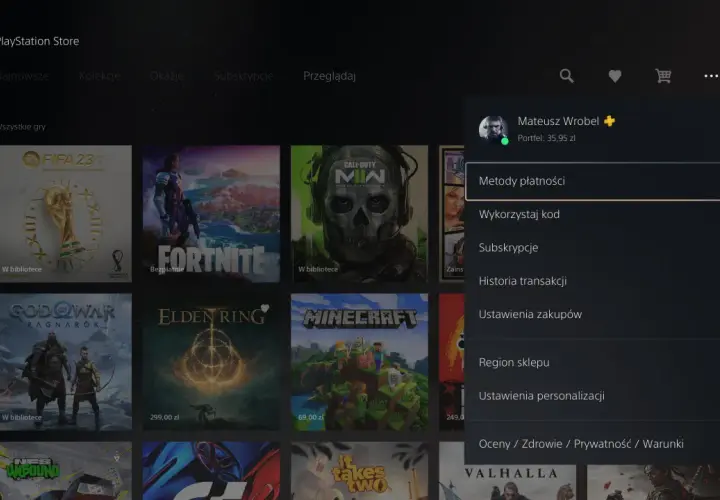 Menu PlayStation Store, opcja "Metody płatności" pod portfelem Mateusza. Dowiedz się, jak doładować portfel PS4.
