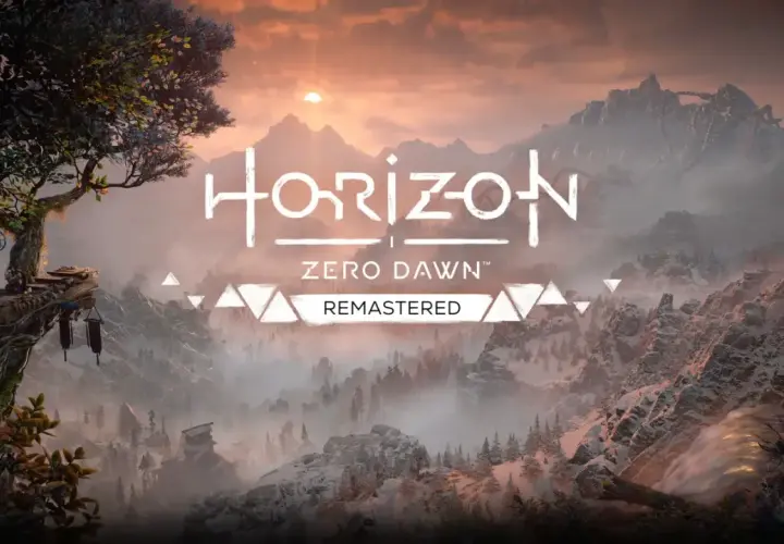 Krajobraz z gry Horizon Zero Dawn Remastered. Słońce wschodzi nad ośnieżonymi górami, a na pierwszym planie widać drzewo i platformę.