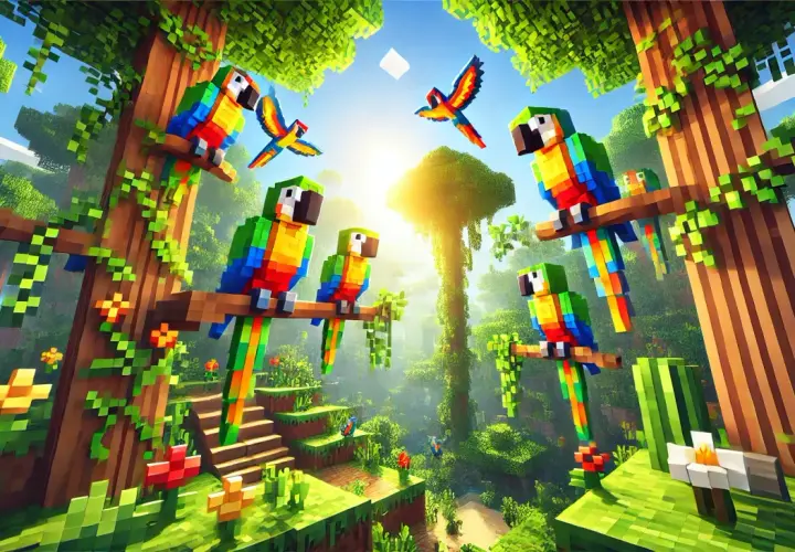 Kolorowe papugi w stylu Minecraft siedzą na gałęziach w bujnej dżungli. Dowiedz się, jak oswoić papugę MC, by towarzyszyła Ci w przygodach.