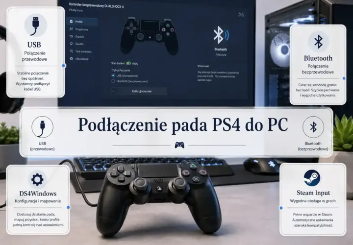Jak podłączyć pada PS4 do PC: przewodowo przez USB dla stabilności lub bezprzewodowo przez Bluetooth. DS4Windows i Steam Input ułatwiają konfigurację.