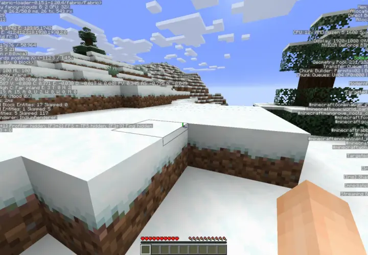 Śnieżny krajobraz w Minecrafcie, z widocznymi informacjami o wydajności i modach, w tym o **sodium** renderer.