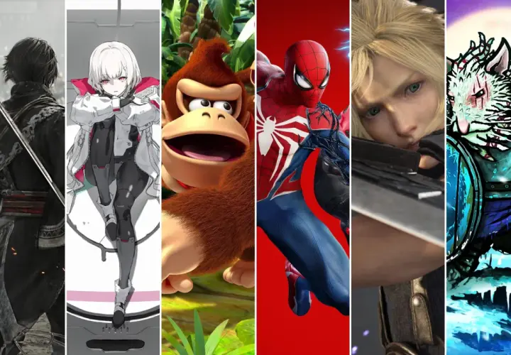 Nadchodzące gry na PS5: wojownik z mieczem, dziewczyna w białym stroju, Donky Kong, Spider-Man, Cloud Strife i tajemnicza postać w zimowej scenerii.