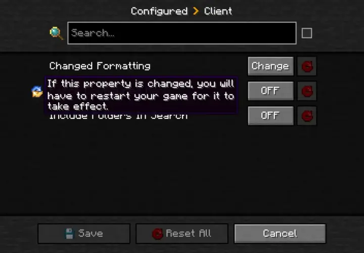 Konfiguracja Forge: API port. Zmiana tej opcji wymaga restartu gry.