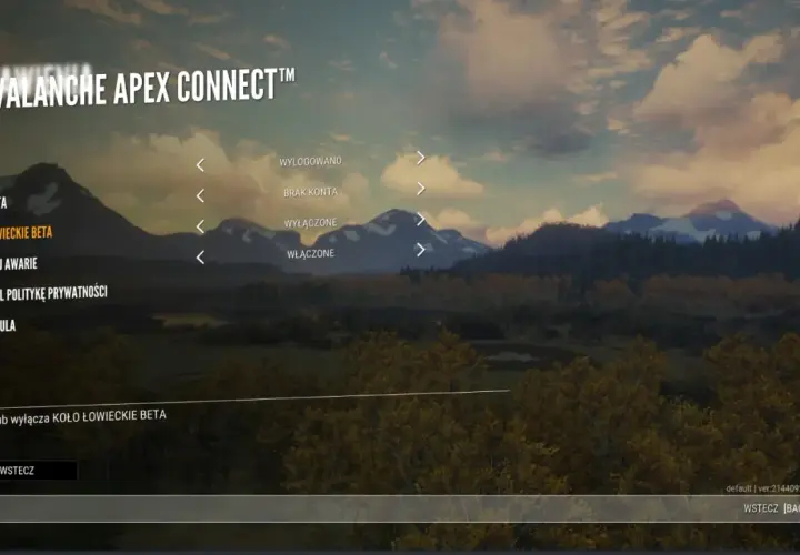 Menu gry z opcją "Koło Łowieckie Beta". Tytuł "Avalanche Apex Connect" nad krajobrazem górskim. The hunter awaits.