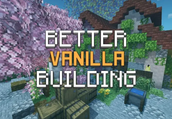 Scena z gry Minecraft z napisem "BETTER VANILLA BUILDING". Widać kwitnące drzewa, kamienne budowle i skrzynie.