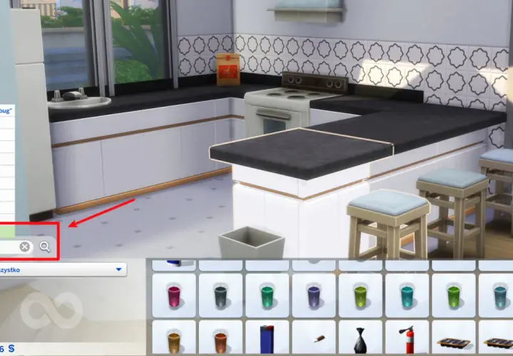 Wpisanie "debug" w wyszukiwarkę przedmiotów w The Sims 4, aby znaleźć ukryte obiekty. Kuchnia w tle.