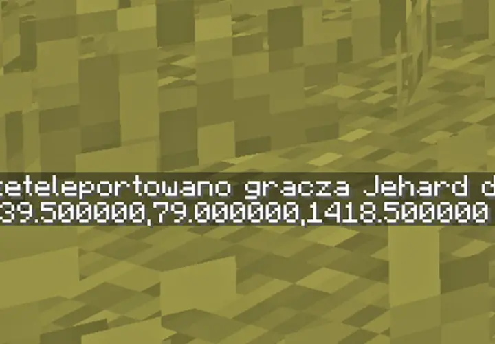 Gracz Jehhard został teleportowany. Komenda `/tp` z niewidzialną ramką na przedmiot (invisible item frame command) pozwala na precyzyjne przenoszenie postaci.