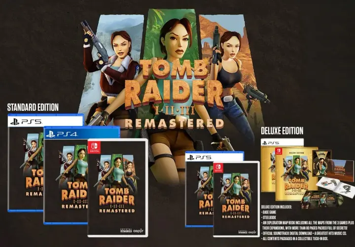 Lara Croft w trzech odsłonach, okładki gier Tomb Raider I-III Remastered na PS5, PS4 i Switch. Edycja Deluxe zawiera dodatki.