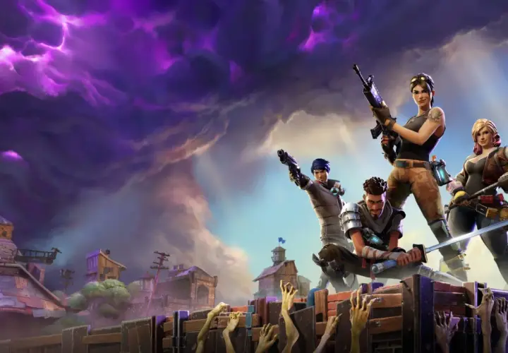 Cztery postacie z gry Fortnite, gotowe do walki pod burzowym, fioletowym niebem.