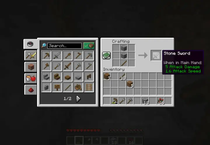 Gracz w grze Minecraft używa craftingu do stworzenia kamiennego miecza.