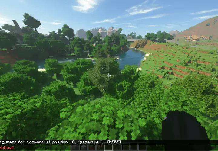Piękny krajobraz w Minecraft, idealny do nauki, jak zrobić dzień w mc. Widać rzekę, las i wzgórza.