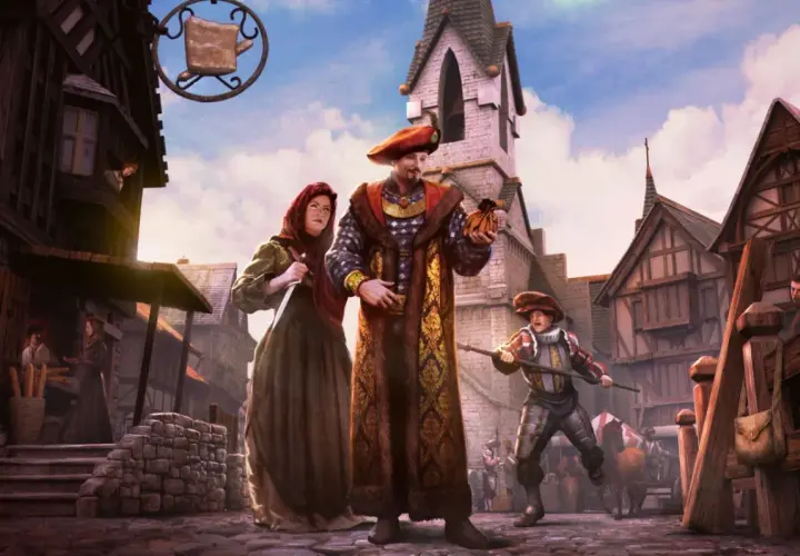 Postacie z gry The Guild 3 na tle średniowiecznego miasta. Bogato odziany mężczyzna trzyma sakiewkę, obok niego kobieta z nożem, a z tyłu chłopiec w zbroi.