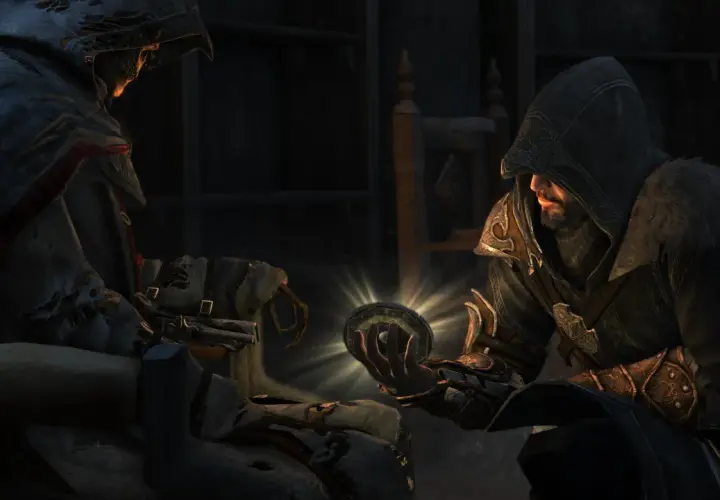 Ezio Auditore z Assassin's Creed Revelations trzyma tajemniczy artefakt, który rozświetla mrok.