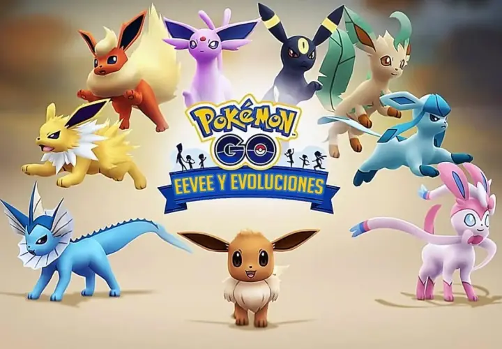 Eevee i jego ewolucje z Pokémon GO: Vaporeon, Jolteon, Flareon, Espeon, Umbreon, Leafeon, Glaceon i Sylveon.