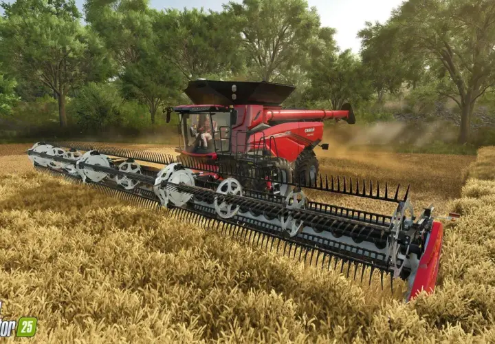 Czerwona kombajn zbiera zboże na polu. Poczuj się jak rolnik w Farming Simulator 25 PS5.