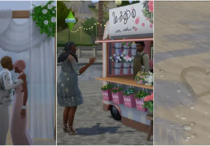 Ślub w Sims 4: pocałunek pod baldachimem, zakup kwiatów na targu i serce na piasku.