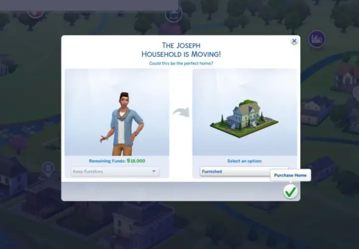 Wybór domu dla rodziny w The Sims 4. Czy to będą darmowe parcele? Gracz ma 18 000 simoleonów.
