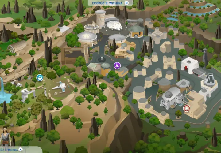Mapa z gry The Sims 4 Wyprawa na Batuu. Widok z lotu ptaka na planetę z budynkami, drzewami i wodospadem.