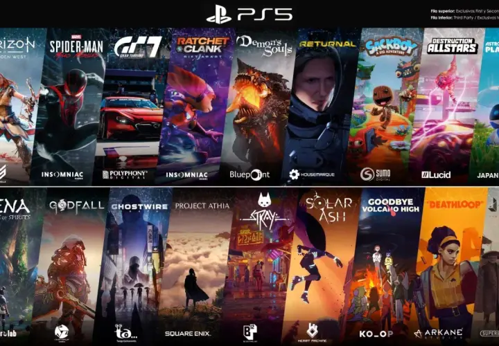 Kolekcja gier na PS5: Horizon, Spider-Man, Gran Turismo, Ratchet & Clank, Demon's Souls, Returnal, Sackboy, Destruction Allstars, Astro's Playroom, Kena, Godfall, Ghostwire, Project Athia, Stray, Solar Ash, Goodbye Volcano High, Deathloop, Jett.