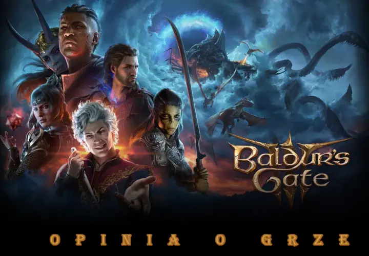 Postacie z Baldur's Gate 3 na tle smoków i chmur. To świetny poradnik dla graczy!