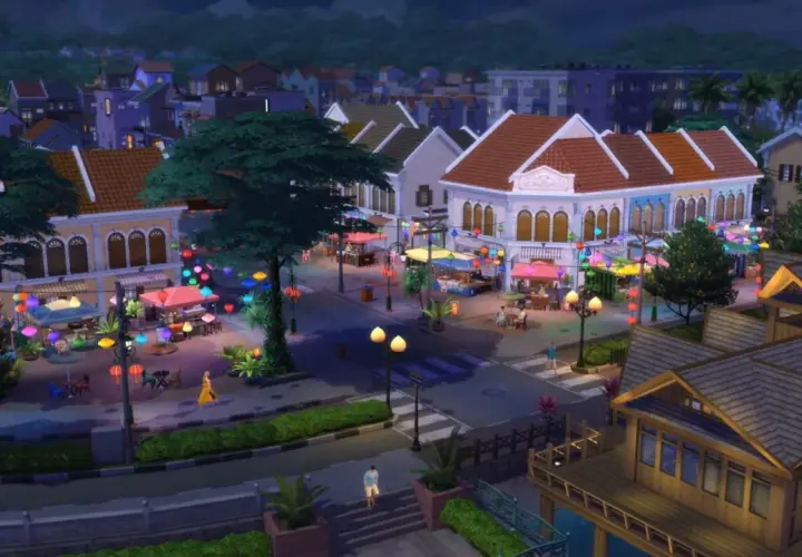 Nocne targowisko w The Sims 4, gdzie można dowiedzieć się, jak obniżać przedmioty, by stworzyć idealny dom.