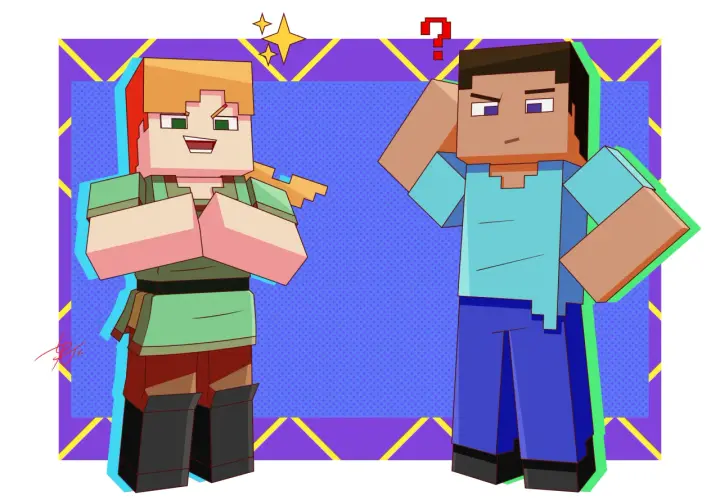 Alex z Minecrafta, z pomarańczowymi włosami i zieloną koszulką, cieszy się, podczas gdy Steve z niebieską koszulką drapie się po głowie z pytajnikiem nad nim.