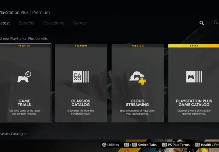 Menu PlayStation Plus Premium z opcjami: Game Trials, Classics Catalog, Cloud Streaming, PlayStation Plus Game Catalog. Dostępne ps plus gry.