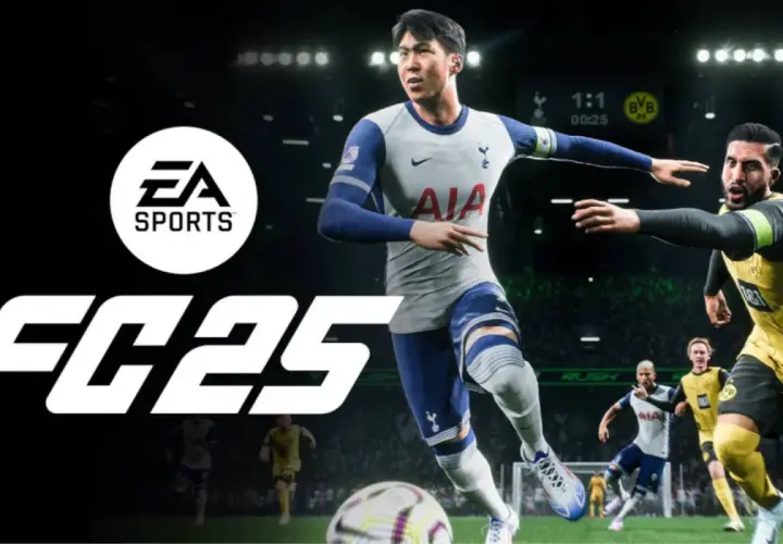 EA SPORTS FC 25 na PS4. Dynamiczna akcja na boisku, piłkarze w akcji, logo gry i EA SPORTS.