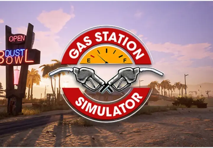 Logo Gas Station Simulator z neonowym znakiem "Dust Bowl" i pustynnym krajobrazem.