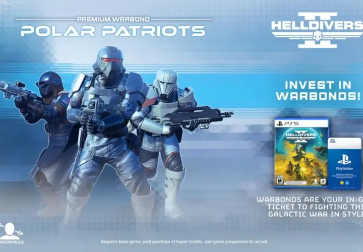 Trzej żołnierze w zbrojach z gry Helldivers 2, pudełko z grą i karta podarunkowa PlayStation.