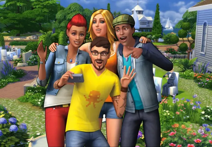 Grupa Simów robi sobie selfie na tle ogrodu. Może chcą sprawdzić, jak szybko rozwinęli umiejętności dzięki **the Sims 3 kody na umiejętności**?