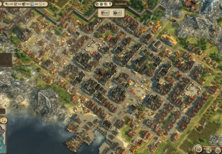 Anno 1404 poradnik: rozbudowana osada z kamiennymi budynkami, placami i polami uprawnymi nad brzegiem morza.