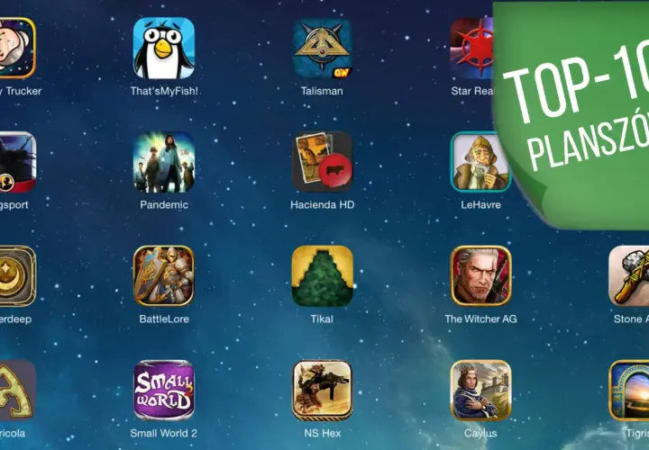 Ikony gier planszowych na tablecie, w tym "Pandemic", "Small World 2" i "The Witcher AG". Idealne na najlepsze gry na tablet.