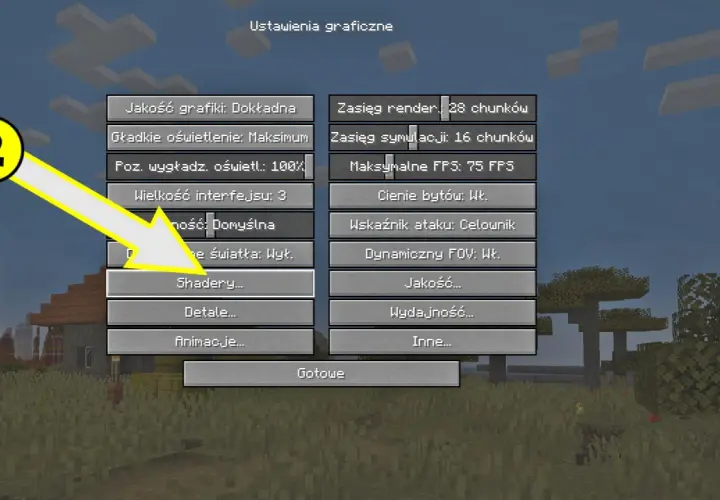 Ustawienia graficzne w Minecraft z Optifine 1.20.1, gdzie zaznaczono opcję "Shadery...".