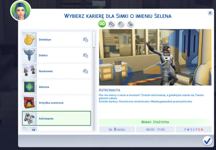Wybór kariery dla Simki Seleny w Sims 4. Dostępne zawody to m.in. astronauta, detektyw, doktor.