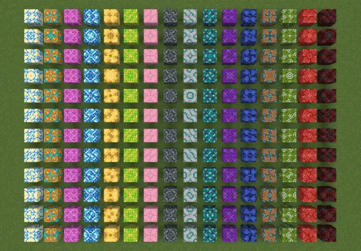 Kolekcja bloków z wzorami w Minecraft, idealna do stworzenia własnej terakoty.