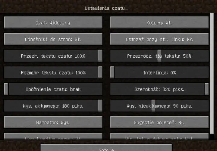 Ustawienia czatu w Minecraft. Widoczny przycisk "Narrator: Wył.", który pozwala dowiedzieć się, jak wyłączyć narratora w MC.