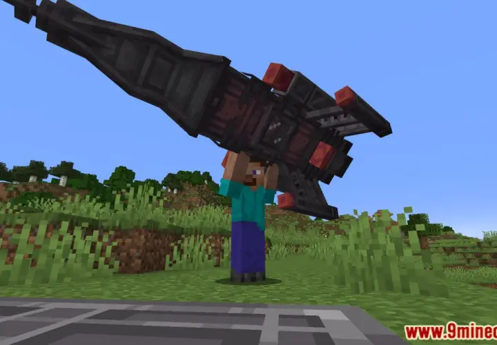 Steve z Minecrafta podnosi rakietę z modu ad astra.