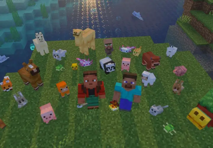 Steve i Alex otoczeni przez wszystkie moby z Minecrafta: lamy, konie, lisy, króliki, owce, świnie, pandy, axolotl, krowy, delfiny, żółwie i inne.