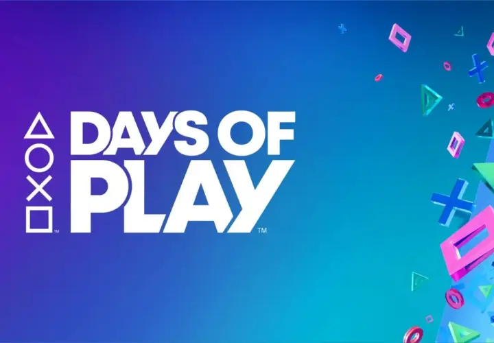 Białe logo "DAYS OF PLAY" na tle gradientu fioletowo-niebieskiego. Po prawej stronie unoszą się kolorowe przyciski PlayStation.