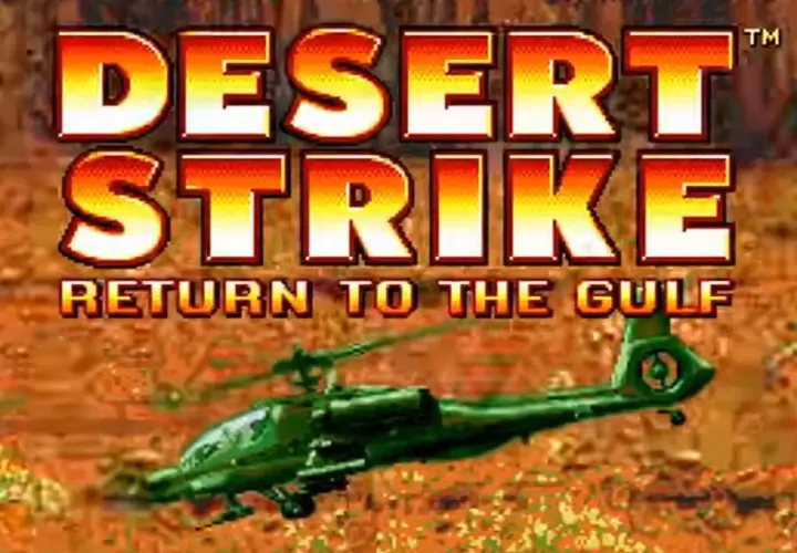 Napis "DESERT STRIKE RETURN TO THE GULF" nad zielonym helikopterem bojowym. Gra zapowiada pustynny atak.