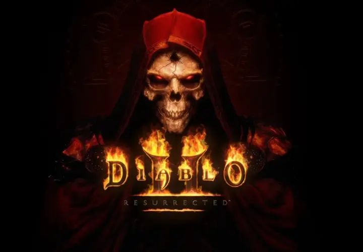 Diablo II Resurrected: przerażająca czaszka w czerwonym kapturze, otoczona płomieniami, z logo gry.