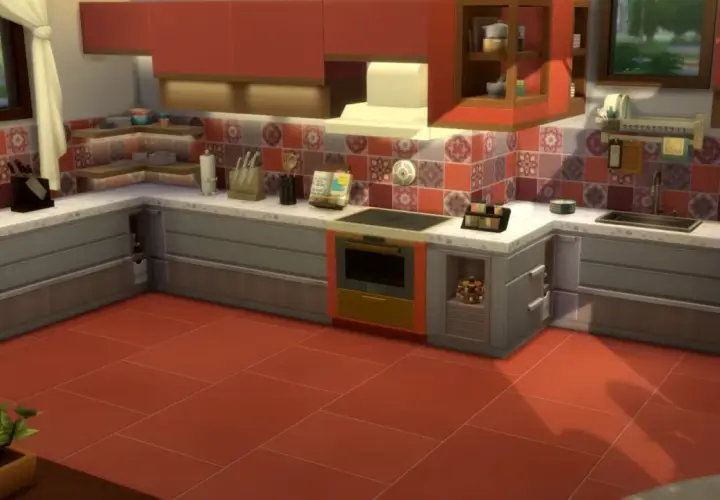 Kuchnia z czerwonymi szafkami i płytkami. W tle okno. Można tu wprowadzić kody na debug the Sims 4, by dodać więcej detali.