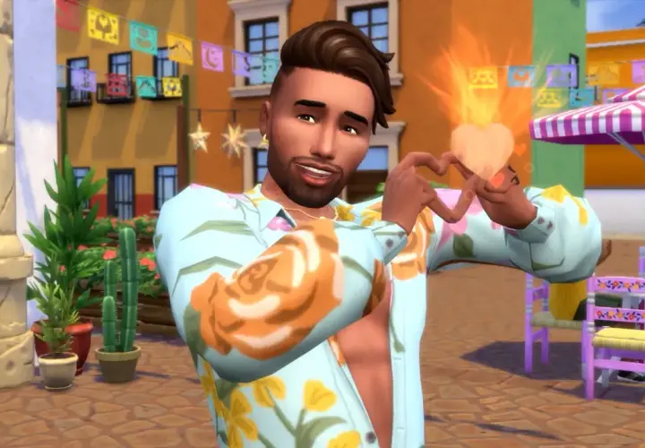 Sympatyczny Sim z gry **Woohoo Sims 4** tworzy serce z dłoni, emanując radością i miłością na tle kolorowej uliczki.