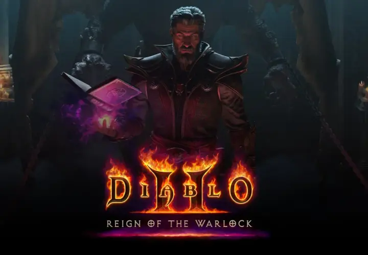 Mroczny mag z księgą zaklęć i płonącymi dłońmi, zapowiadający Diablo 2 Resurrected PS5.