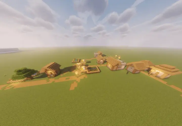 Wioska w Minecraft z drewnianymi domkami i polami uprawnymi. W tle widać wzgórza i wodę. To wszystko dzięki modowi ferrite core.